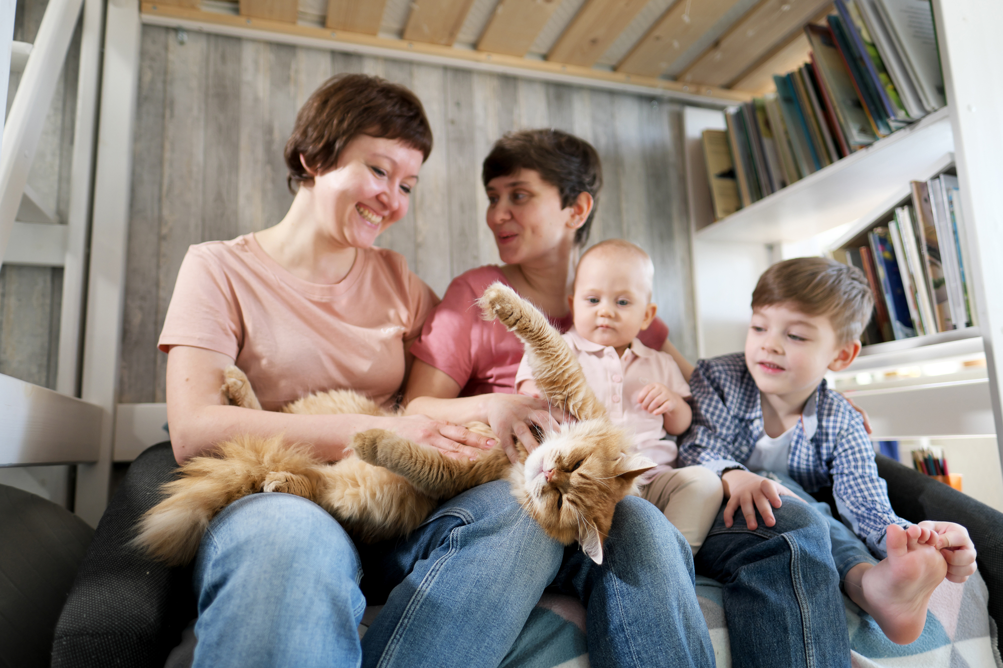 A young lesbian same-sex family with two children, a son and a daughter spend time at home. They sit on the couch and read a book. The pet cat is lying next to it. Homosexual couple marriage.